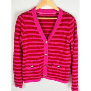 Pink Red Striped Cardigan Gold Crest Buttons Preppy Knit Sweater M Barbiecore